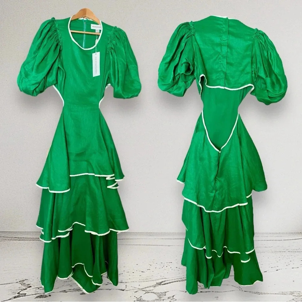 NWT MACKENZIEMODE Puff Sleeve Tiered Maxi Dress in Emerald Size 8 - Picture 7 of 16